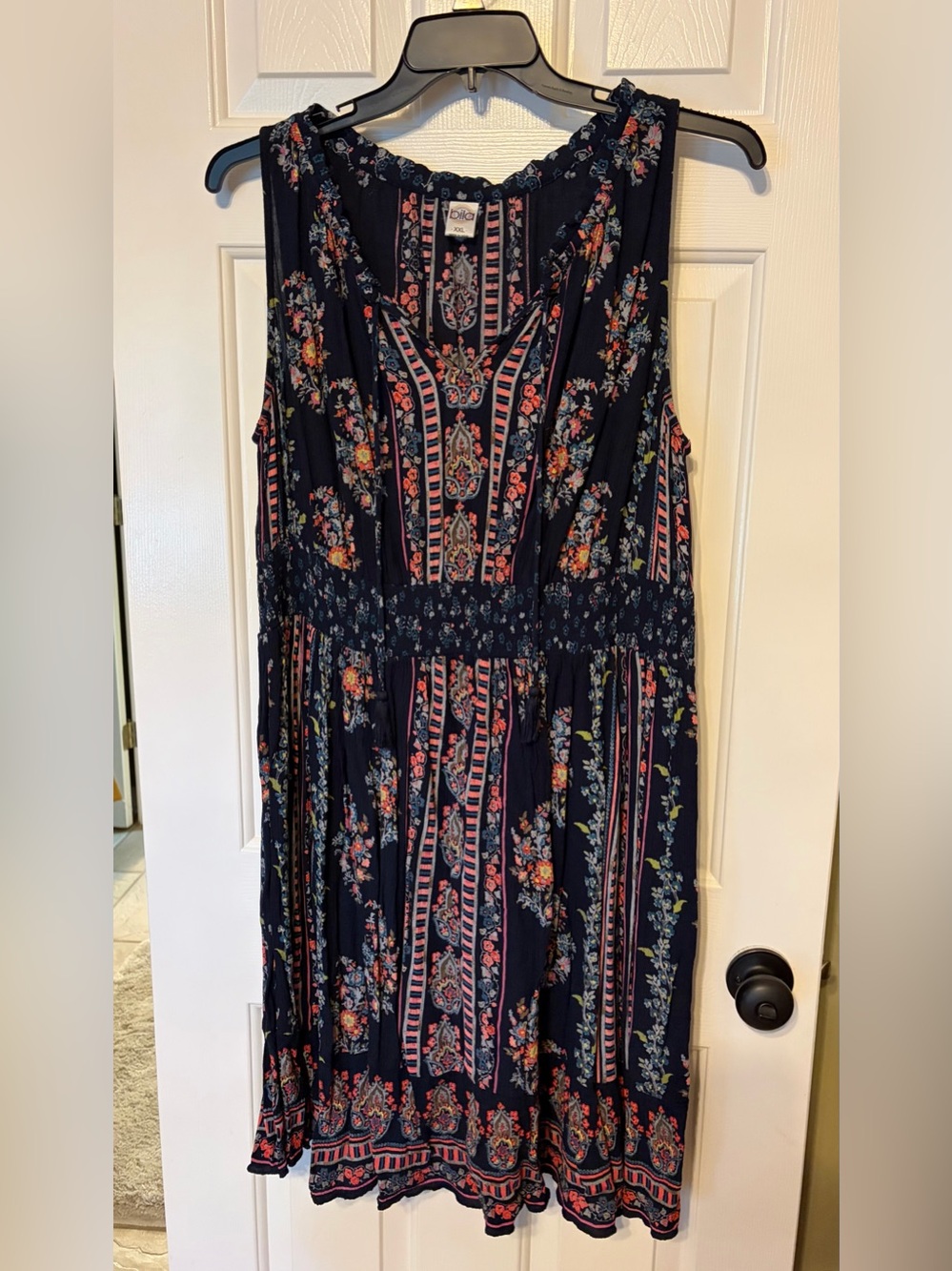 Bila Navy Floral Coral-Accent Sleeveless Boho Rayon Dress, Size XXL 💙🩷